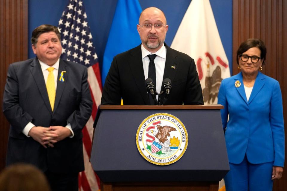 Ukrainian Prime Minister Denys Shmyhal speaking at a news conference in Chicago (Copyright 2024 The Associated Press. All rights reserved.)