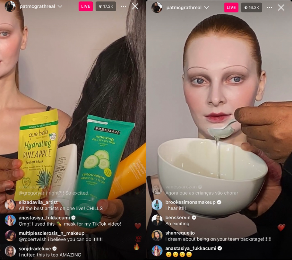 pat mcgrath revealing face masks used for glass skin look on Instagram Live