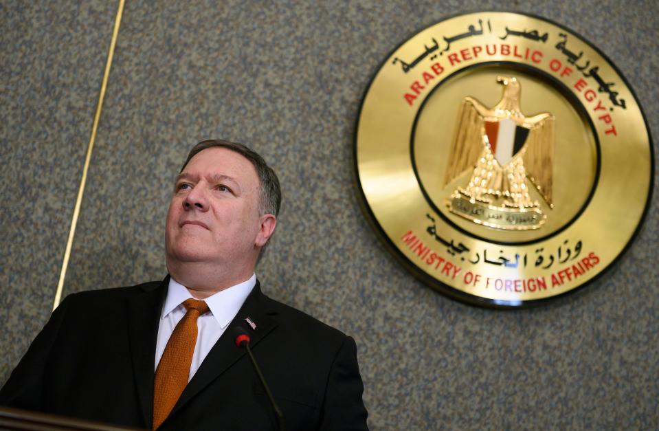 Secretary of State Mike Pompeo holds a joint press conference with his Egyptian counterpart following their meeting at the ministry of foreign affairs in Cairo on January 10, 2019. Pompeo also met with Egyptian President Abdel Fattah al-Sisi today, on the third leg of a regional tour to address concerns of American allies in the Middle East.