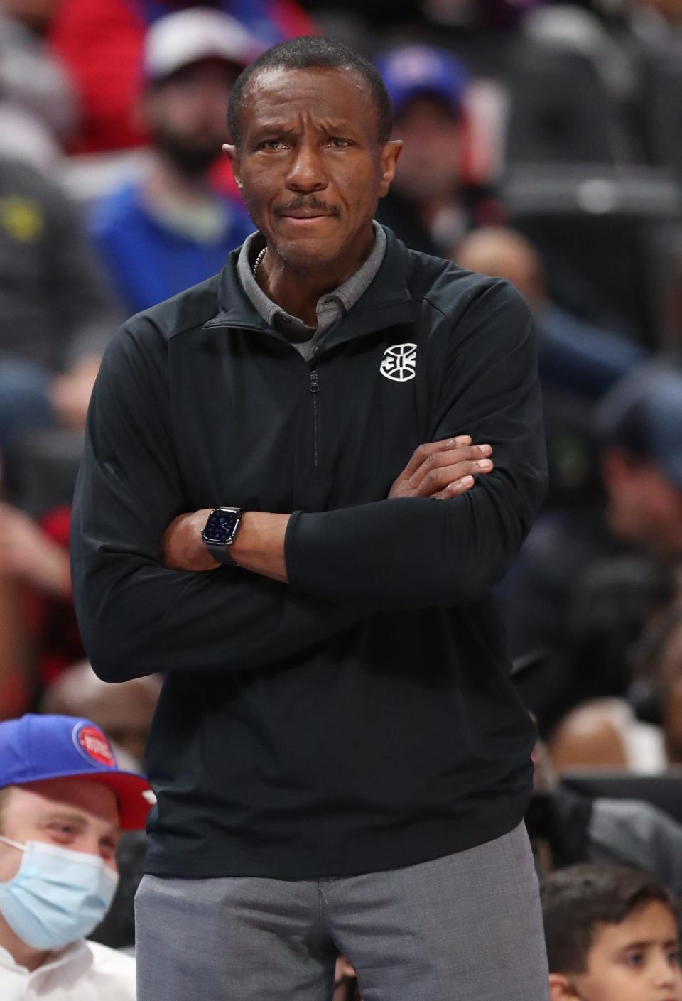 Pistons coach Dwane Casey on the bench during the 116-104 loss to the Nets on Sunday, Dec. 12, 2021, at Little Caesars Arena.