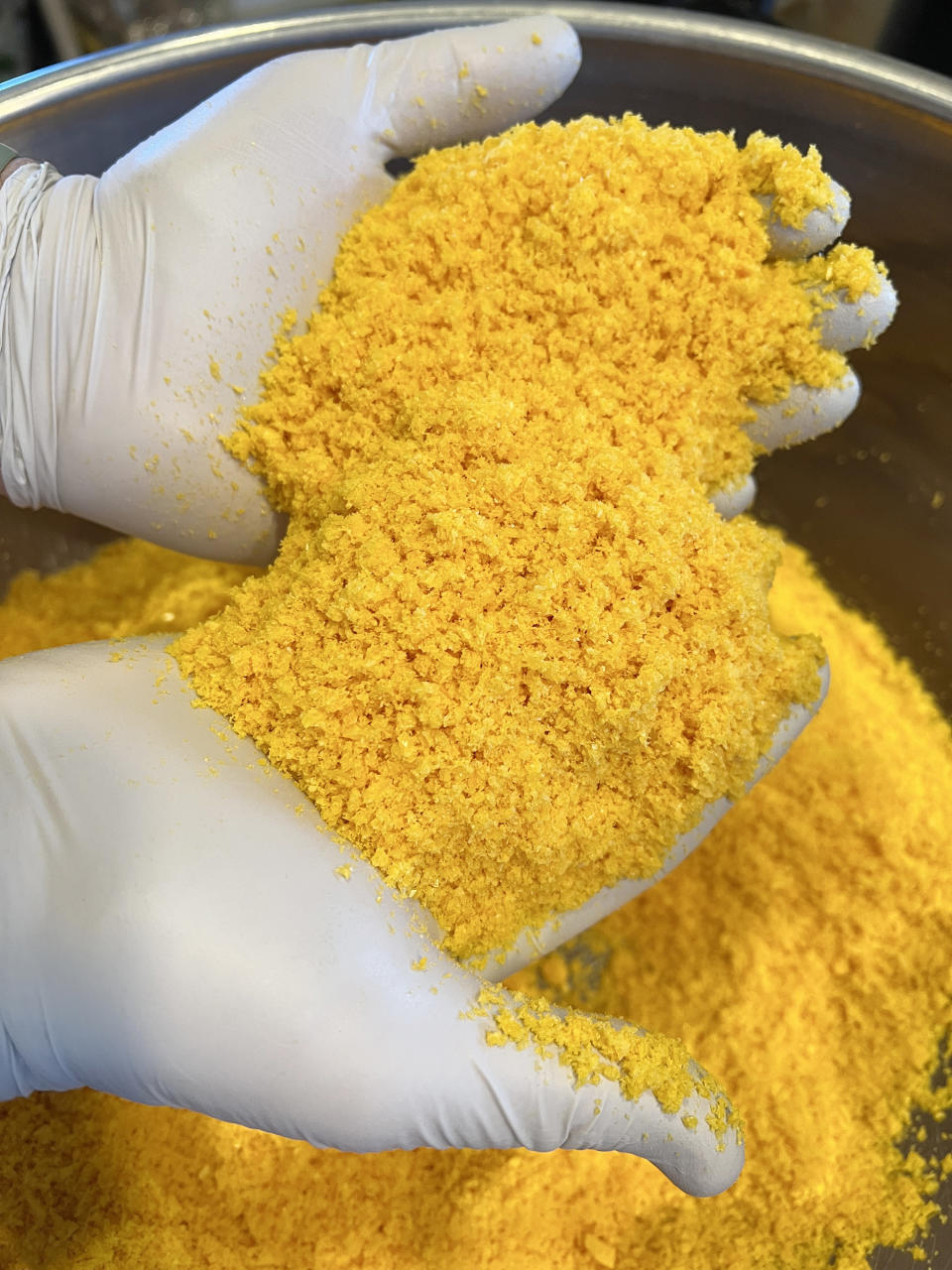 Freeze-dried eggs crumble easily into a powder Kern calls “gold dust.” (Back Forty Photography)