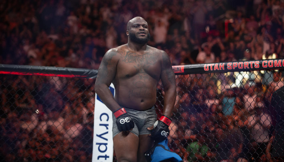 SALT LAKE CITY, UT - JULY 29:  Derrick Lewis holds his shorts as he celebrates his win over Marcos Rogerio de Lima during their Heavyweight fight at UFC 291 at the Delta Center July 29, 2023 at the  in Salt Lake City, Utah. (Photo by Chris Gardner/Getty Images)