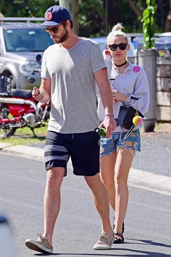 Miley and Liam run errands in LA in April. Source: Getty