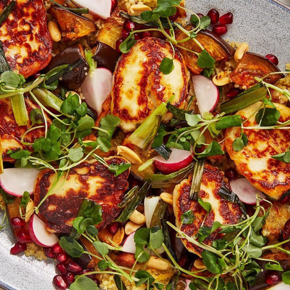<p>Halloumi, <a href="https://www.delish.com/uk/cooking/recipes/g28961707/aubergine-recipes/" rel="nofollow noopener" target="_blank" data-ylk="slk:aubergine" class="link ">aubergine</a>, harissa and pomegranate seeds are a match-made in heaven. We love this halloumi salad, it's healthy, filling and perfect for lunch, dinner or as part of a feast. </p><p>Get the <a href="https://www.delish.com/uk/cooking/recipes/a30271089/halloumi-salad/" rel="nofollow noopener" target="_blank" data-ylk="slk:Aubergine, Harissa And Halloumi Salad" class="link ">Aubergine, Harissa And Halloumi Salad</a> recipe.</p>