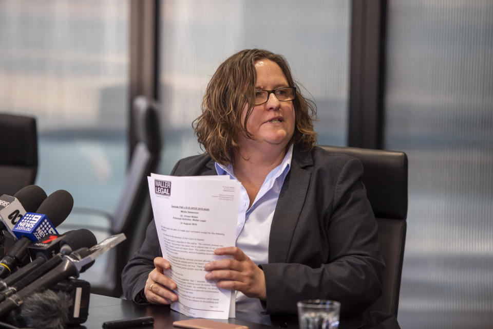 Complainant's lawyer Vivian Waller talks at a press conference after Cardinal George Pell's appeal at the Supreme Court in Melbourne, Australia, Wednesday, Aug. 21, 2019. Australian appeals court by a 2-1 ruling Wednesday upheld convictions against Pell, the most senior Catholic to be found guilty of sexually abusing children. (AP Photo/Andy Brownbill)