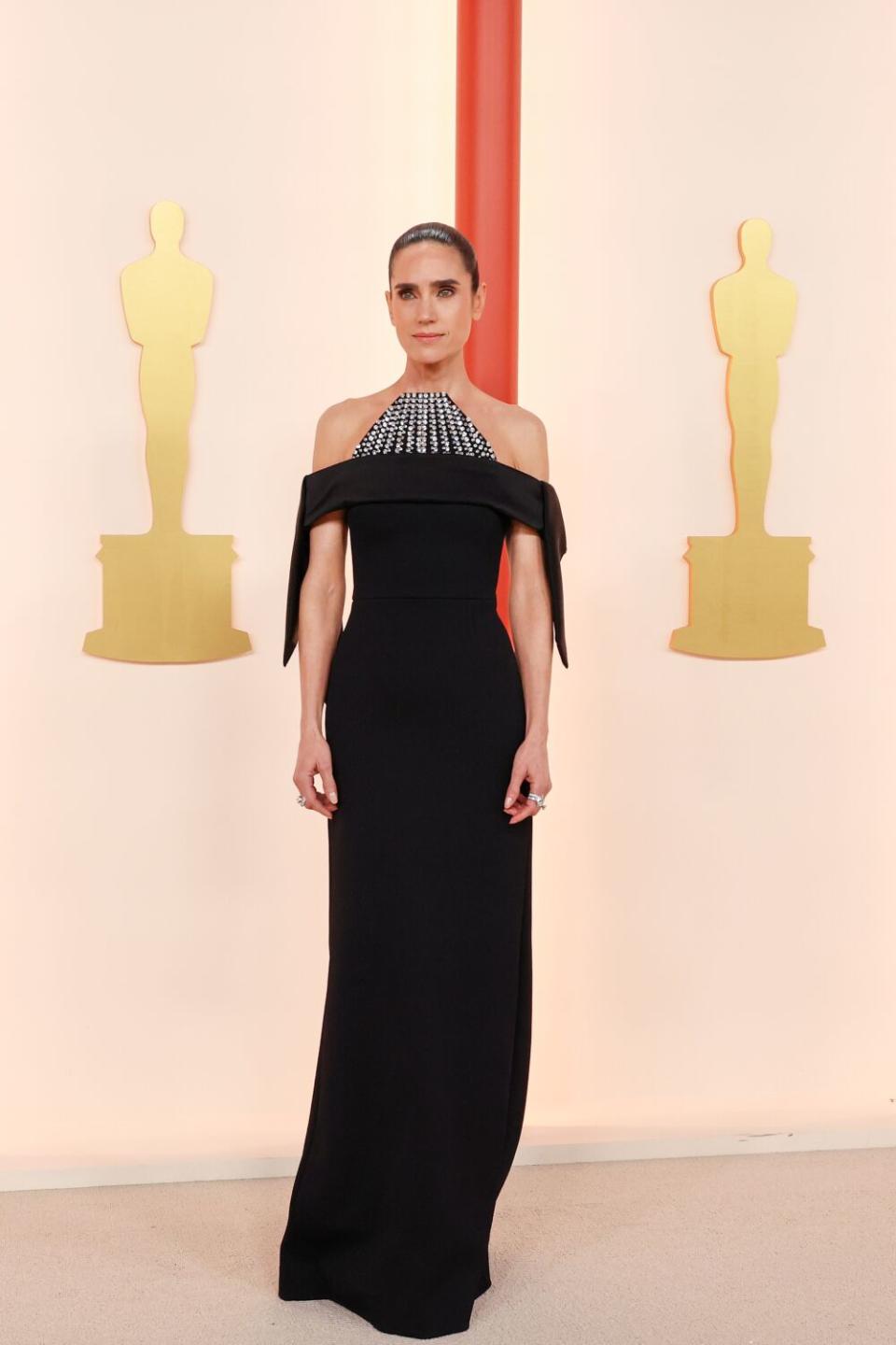 Jennifer Connelly in a black gown with sparkling neckline.