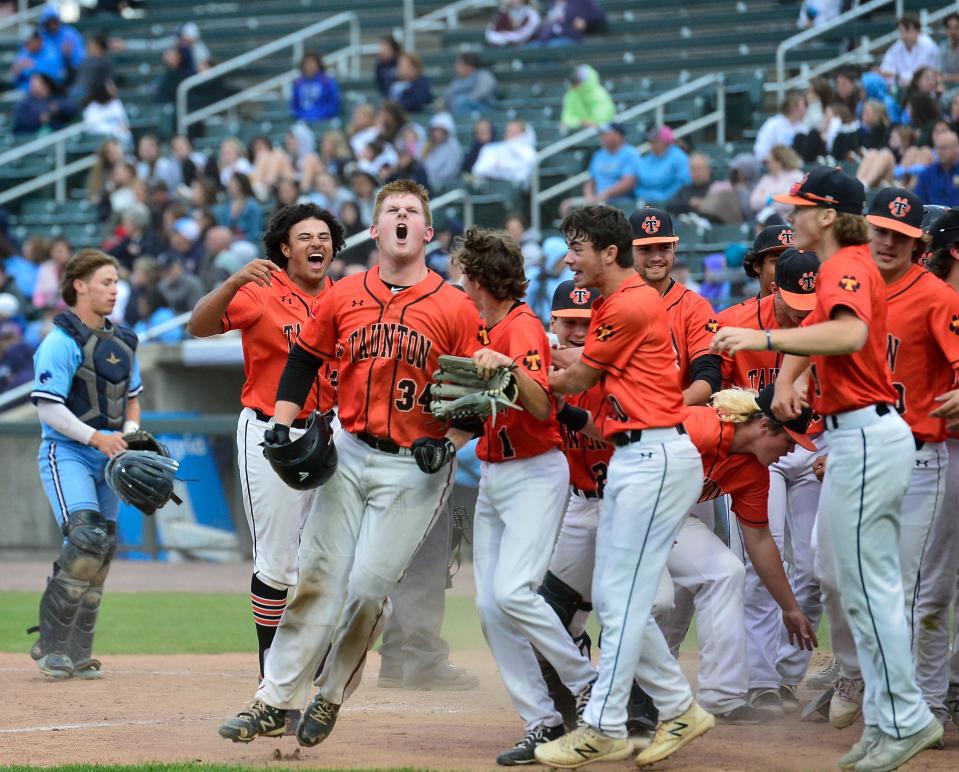 Ryan MacDougall and teammates celebrate his home run during Saturday’s Division 1 State Championship against Franklin.