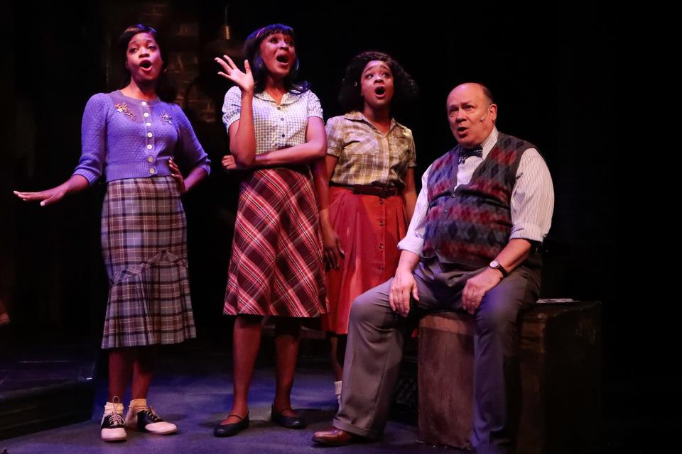 From left, Jameelah Leaundra, Desireé Tolodziecki, Katelyn Bowman and Joel Blum in a scene from Florida Studio Theatre’s production of “Little Shop of Horrors.”