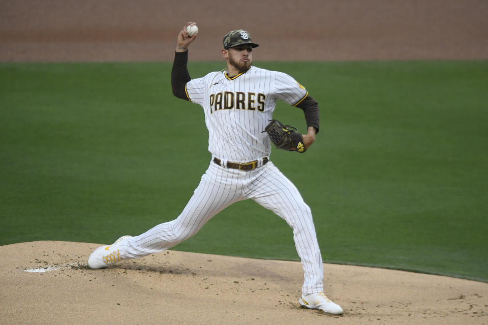 San Diego Padres starting pitcher Joe Musgrove (44) delivers during the first inning of a baseball game against the St. Louis Cardinals, Friday, May 14, 2021, in San Diego. (AP Photo/Denis Poroy)