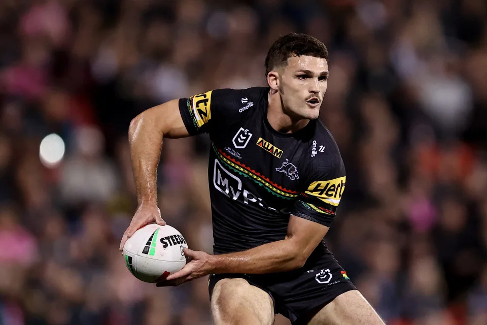 Nathan Cleary passes the ball.