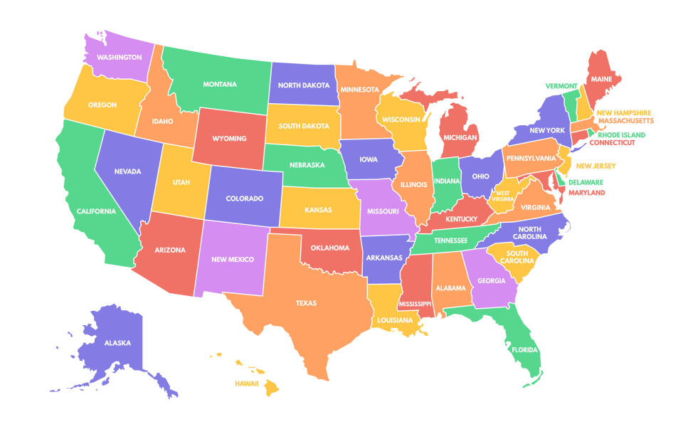 Map of the United States, color-coded by state. Alaska and Hawaii are shown separately at the bottom left