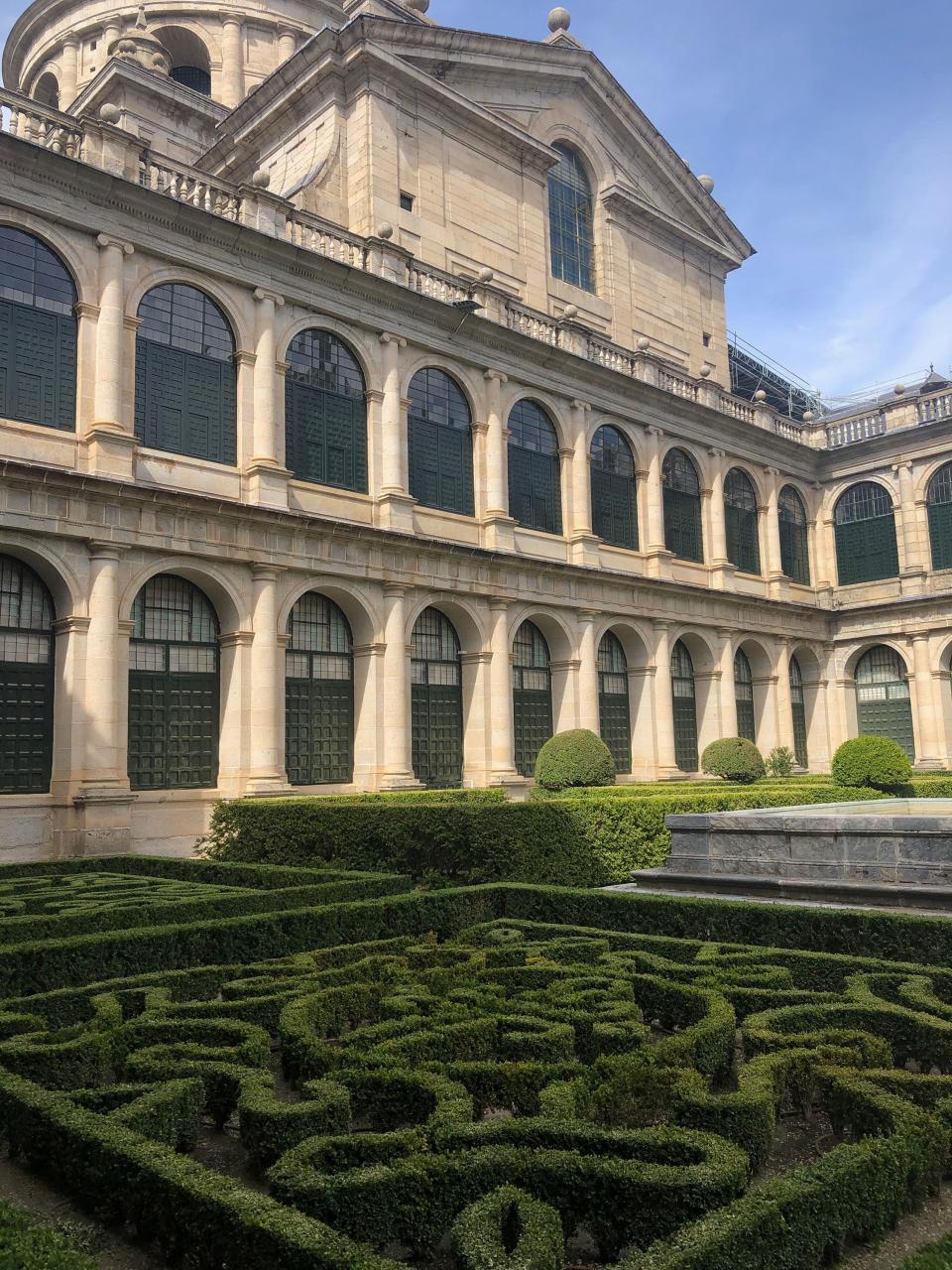 A view of the gardens at the Royal Monastery of San Lorenzo de El Escorial, about an hour outside of Madrid's city center.