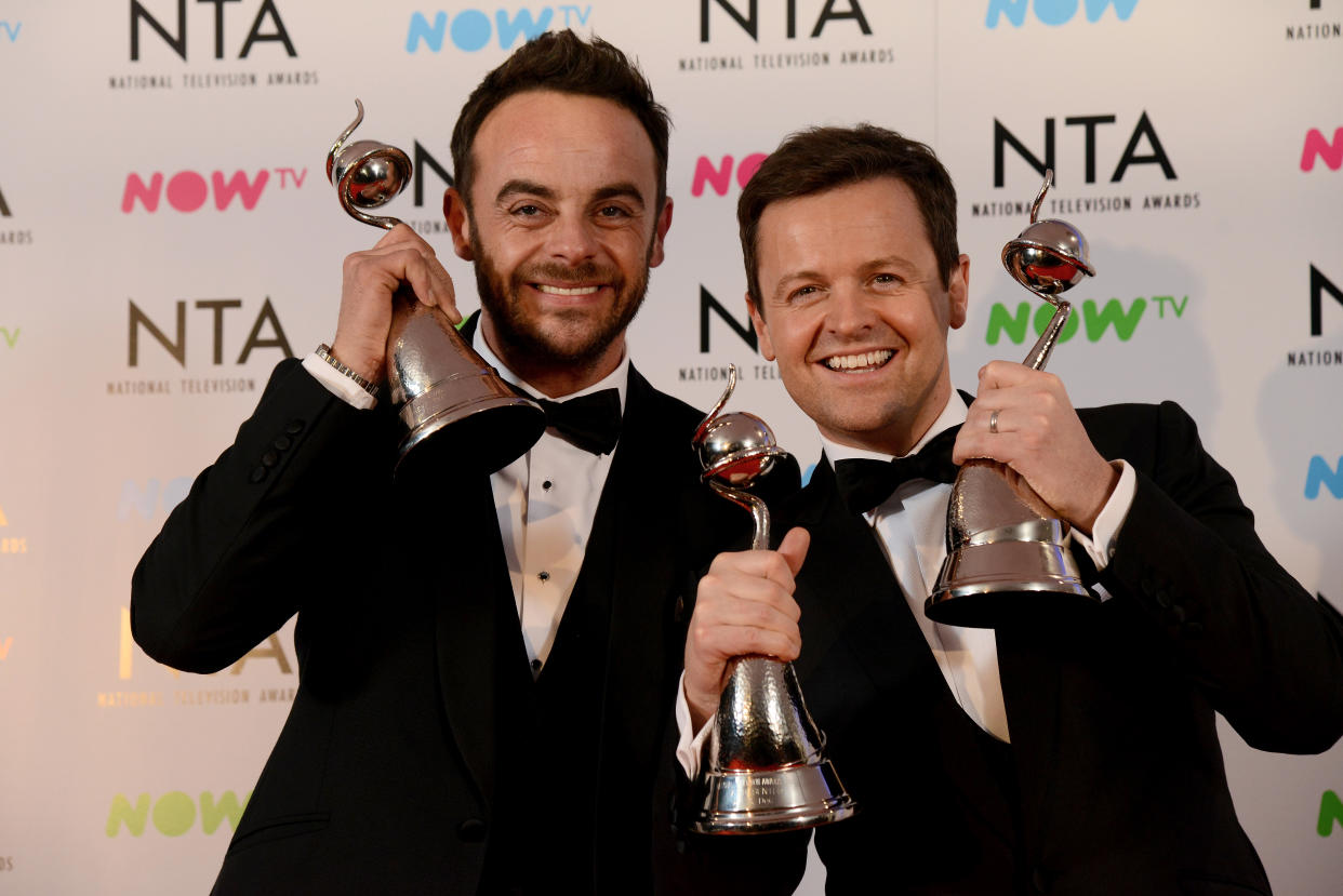 LONDON, ENGLAND - JANUARY 23:  Ant & Dec with the The Bruce Forsyth Entertainment Award and TV Presenter Award at the National Television Awards 2018 at The O2 Arena on January 23, 2018 in London, England.  (Photo by Dave J Hogan/Dave J Hogan/Getty Images)