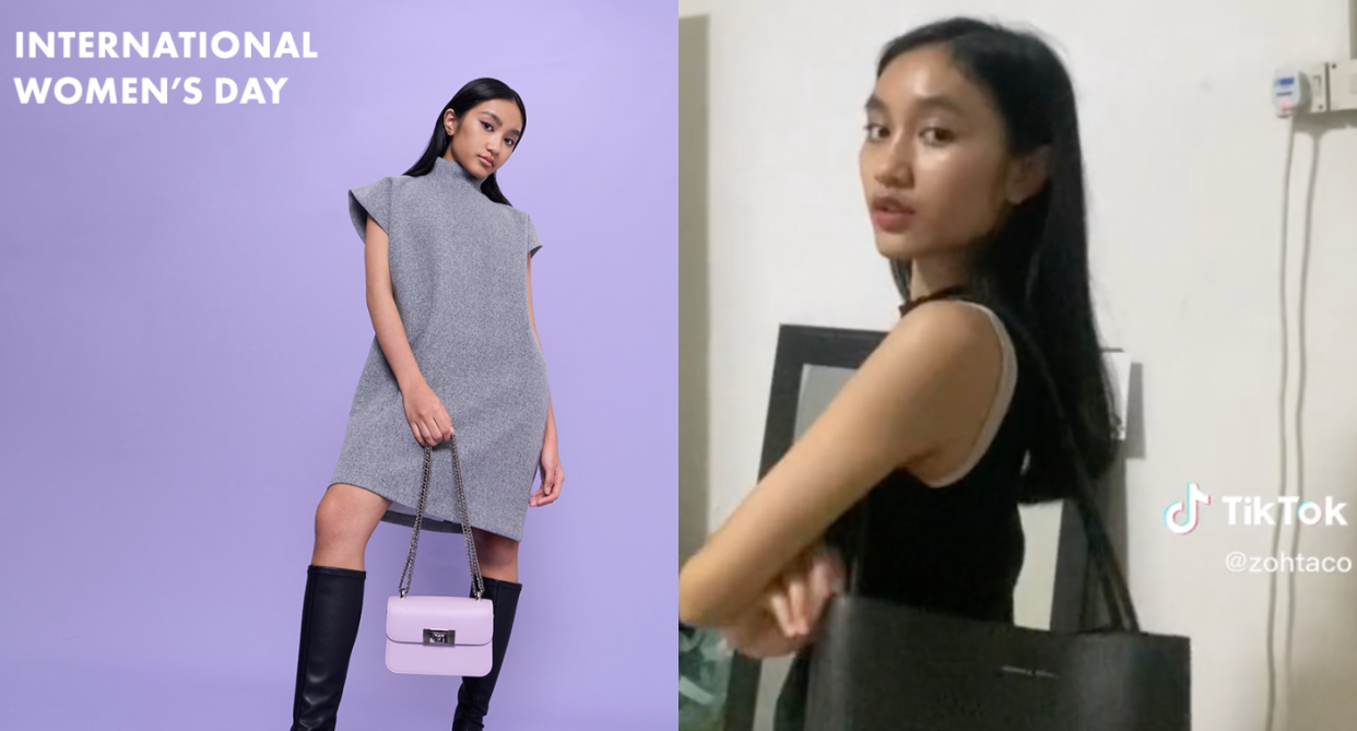 Charles & Keith said that 20% of the profit of the purple Alia bag will benefit the UN Women's Storytelling for Gender Equality programme. (Photo credits: Charles & Keith/Twitter; Zoe Gabriel/TikTok)