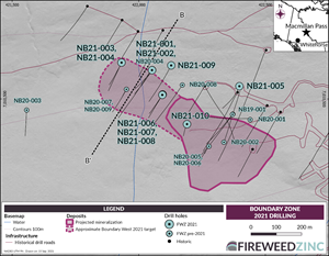 Map 2: Boundary Zone 2021 drilling and location of cross section B-B’.