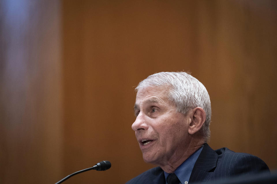 FILE - In this May 26, 2021 file photo, Dr. Anthony Fauci, speaks during a Senate Appropriations Subcommittee looking into the budget estimates for NIH and the state of medical research, on Capitol Hill in Washington. On Friday, June 11, The Associated Press reported on stories circulating online incorrectly claiming people should stop wearing masks because leaked emails written by Fauci said masks aren’t effective against COVID-19. (Sarah Silbiger/Pool via AP, File)