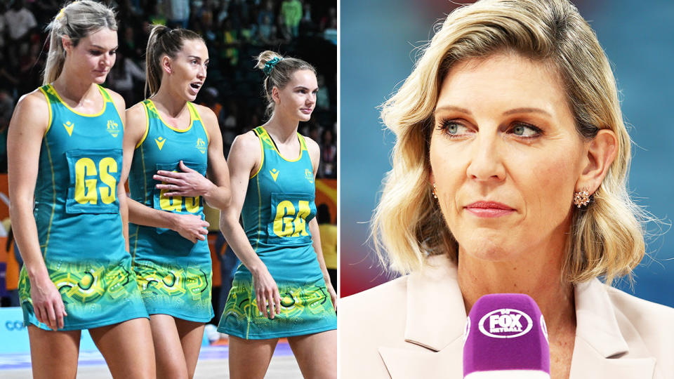 Catherine Cox, pictured here during Australia's netball loss to Jamaica at the Commonwealth Games.