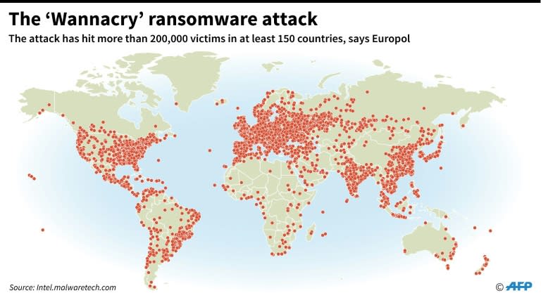 The "WannaCry" ransomware attack seen in a graphic on May 14, 2017