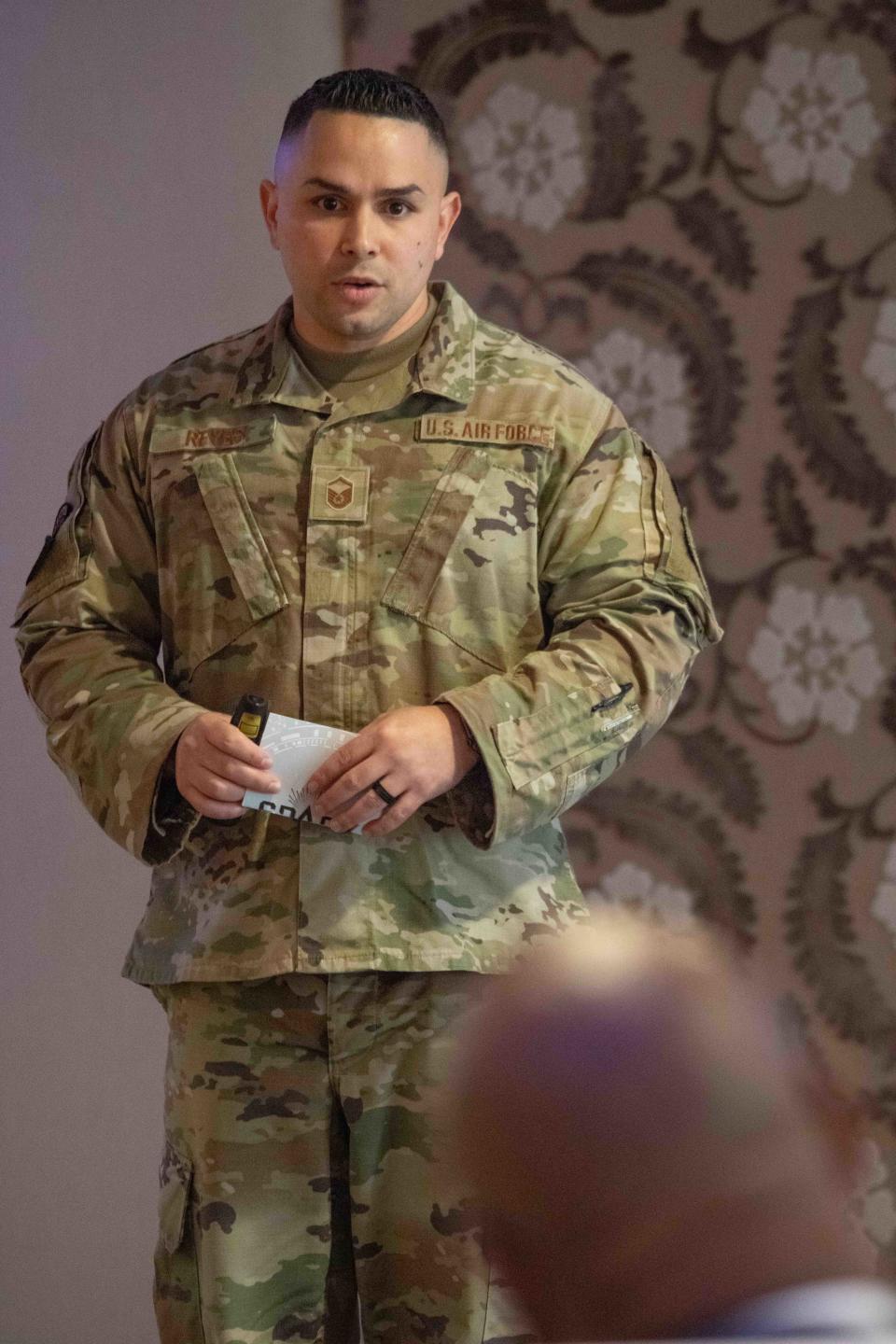 Master Sgt. Joel Rodriquez, from the 42nd Security Forces Squadron, pitches his Automated Installation Access Control Points innovation during Spark at the Max, April 14, 2022.