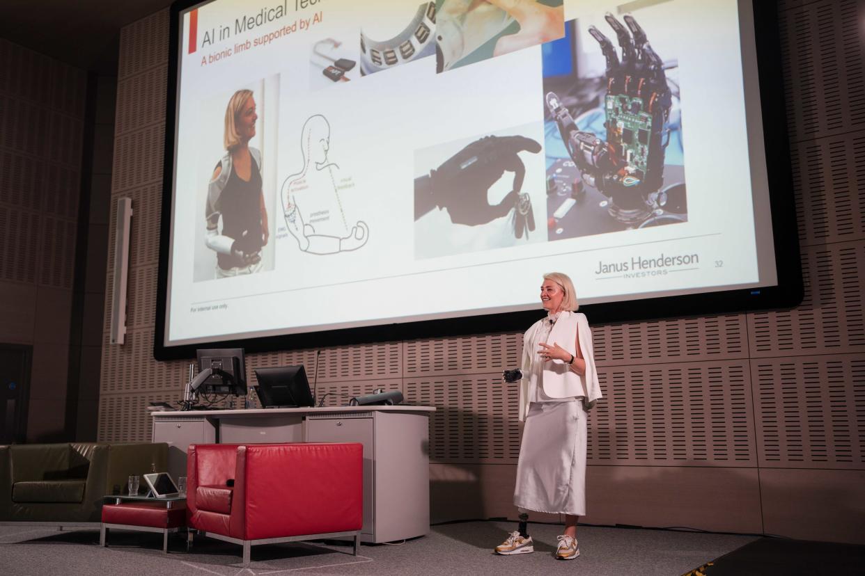 Sarah de Lagarde, giving a speech about AI in healthcare. She is passionate about raising awareness for people with disabilities. (Enda Murphy Photography)