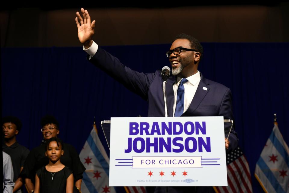 Chicago Mayor-elect Brandon Johnson celebrates with supporters after defeating Paul Vallas after the mayoral runoff election late Tuesday, April 4, 2023, in Chicago.