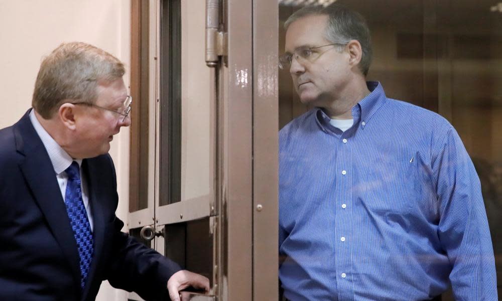 Paul Whelan is seen in public for the first time since his arrest, at the hearing in Moscow with his court-appointed lawyer Vladimir Zherebenkov.