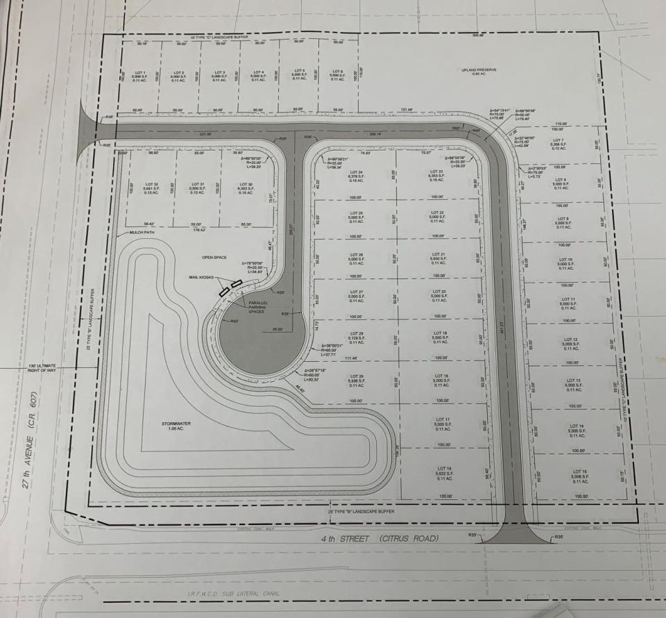 A proposed site plan for a 32-home Habitat for Humanity subdivision at Fourth Street and 27th Avenue, south of Vero Beach, was presented to the Indian River County Technical Review Committee Oct. 2, 2023. The site was previously approved for a 400-student school and expansion of Glendale Baptist Church.