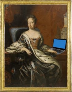 Ancient painting with superimposed laptop