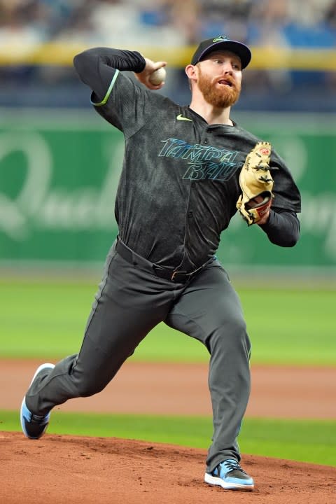 Tampa Bay Rays’ Zack Littell pitches to the New York Yankees during the first inning of a baseball game Saturday, May 11, 2024, in St. Petersburg, Fla. (AP Photo/Chris O’Meara)