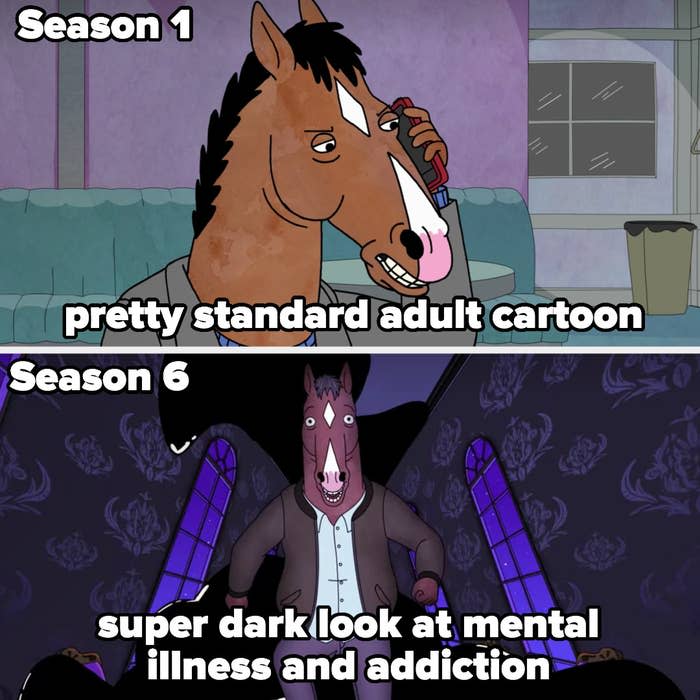 season 1 labeled "pretty standard adult cartoon" and season 6 labeled "super dark look at mental illness and addiction"