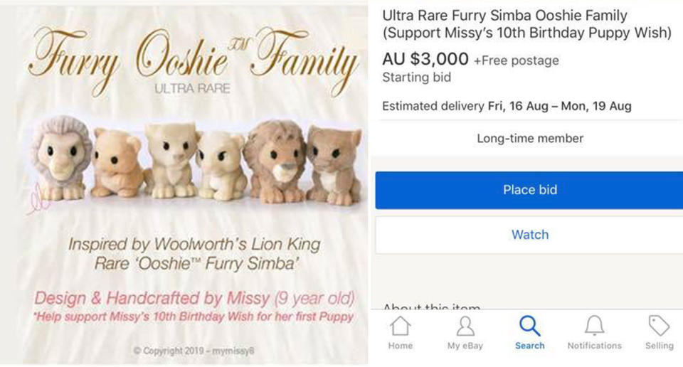 An eBay listing for 'ultra rare' handcrafted Woolworths Lion King furry Ooshies with a $3000 price tag. They are said to have been made by a nine-year-old girl named Missy who wants money for a puppy for her birthday.