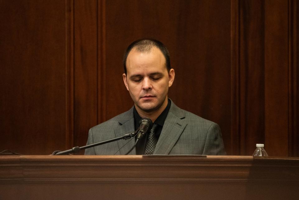 Heath Smylie, Carly Gregg's stepfather, closes his eyes while describing finding his deceased wife Ashley Smylie on March 19, 2024, during day two of Gregg's trial at Rankin County Courthouse in Brandon on Tuesday, Sept. 17, 2024.