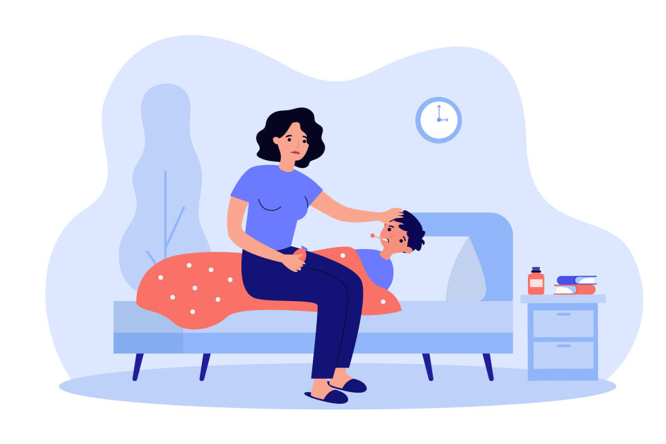 Parents are urged to focus on how their child behaves once their fever is treated. (Getty) Sad mum sitting near sick kid flat vector illustration. Cartoon ill child lying in bed under blanket and suffering from flu or cold. Mother care and fever concept