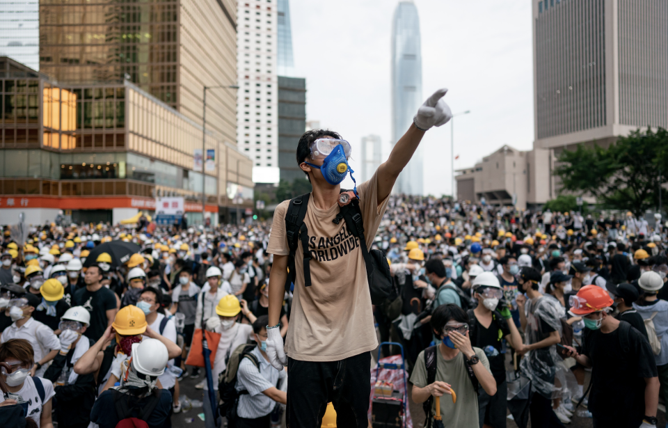 A protester makes a gesture during a protest on June 12, 2019 in Hong Kong, China. (Photo: Anthony Kwan/Getty Images) 