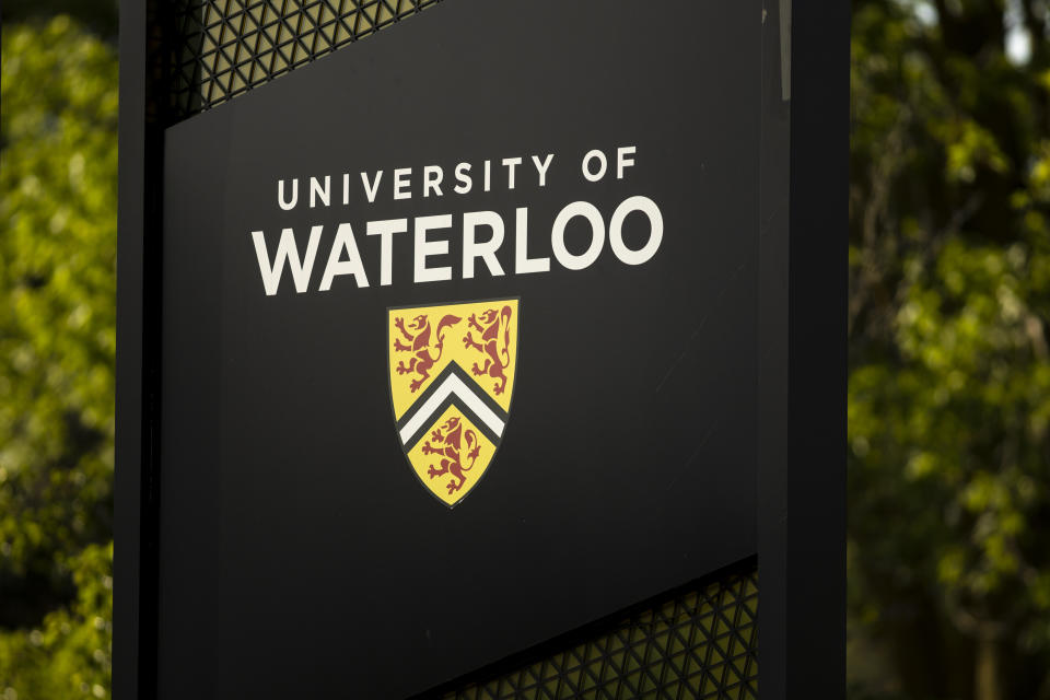 A University of Waterloo sign stands in Waterloo, Ontario, Wednesday, June 28, 2023. Waterloo Regional Police said three victims were stabbed inside the university's Hagey Hall, and a person was taken into custody. (Nick Iwanyshyn/The Canadian Press via AP)