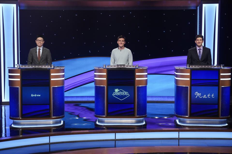 Andrew He, James Holzhauer and Matt Amodio compete in the “Jeopardy!” Masters tournament. | ABC