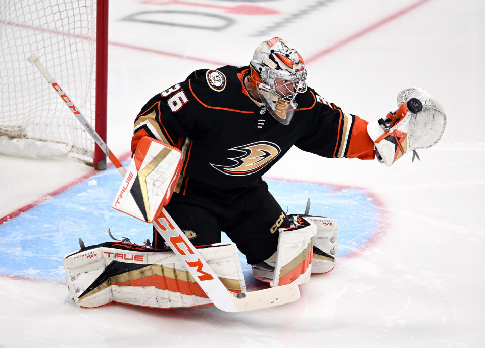 Ducks goalie John Gibson could be on the move this summer.  (Photo by John Cordes/Icon Sportswire via Getty Images)