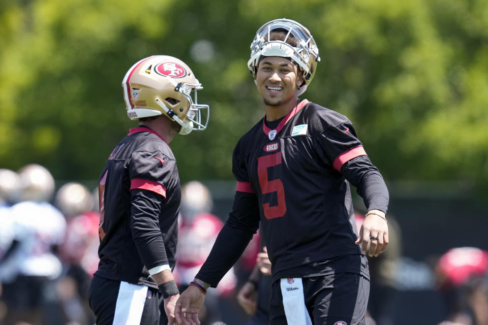 San Francisco 49ers quarterback Trey Lance (5) walks on the field during NFL football practice, Tuesday, May 23, 2023, in Santa Clara, Calif. (AP Photo/Godofredo A. Vásquez)