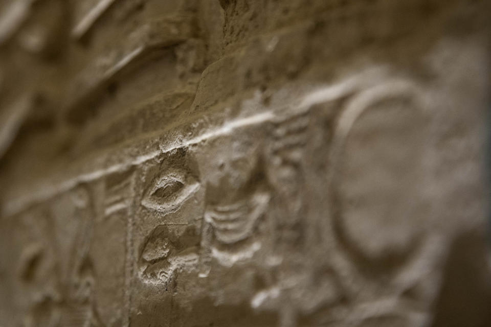 Inscriptions adorn a wall of the southern cemetery of King Djoser, after its restoration, near the famed Step Pyramid, in Saqqara, south of Cairo, Egypt, Tuesday, Sept. 14, 2021. (AP Photo/Nariman El-Mofty)