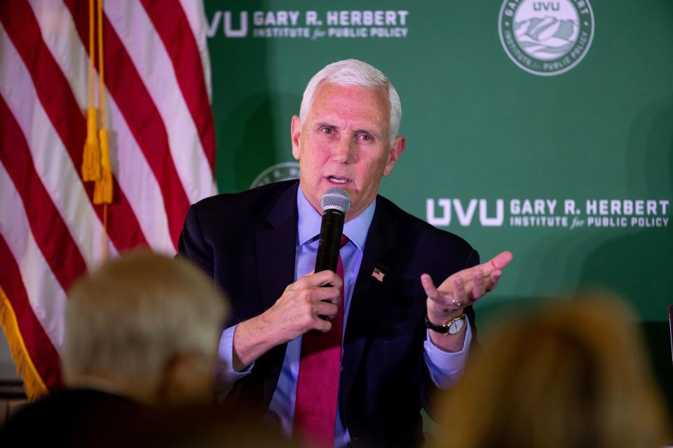 Former Vice President Mike Pence speaks at an event at the Zions Bank Building in Salt Lake City on Friday, April 28, 2023. The event was hosted by the Gary R. Herbert Institute for Public Policy at Utah Valley University. | Spenser Heaps, Deseret News