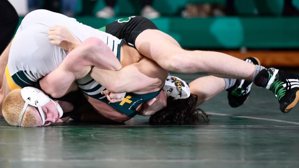 Camden Catholic's Eric Swanson controls Red Bank Catholic's Luken Ramos during the 138 lb. bout of the state Non-Public B semifinal wrestling meet held at Camden Catholic High School on Thursday, February 8, 2024. Swanson defeated Ramos by pin.