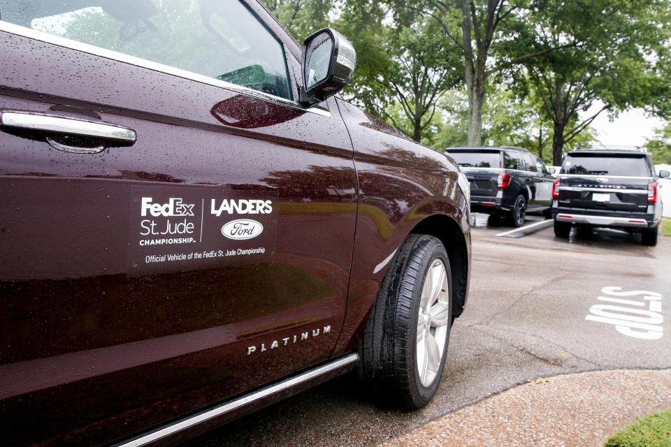 Ford Expedition courtesy cars can be seen in the parking lot in front of TPC Southwind during the FedEx St. Jude Championship pro-am in Memphis, Tenn., on Wednesday, August 9, 2023.