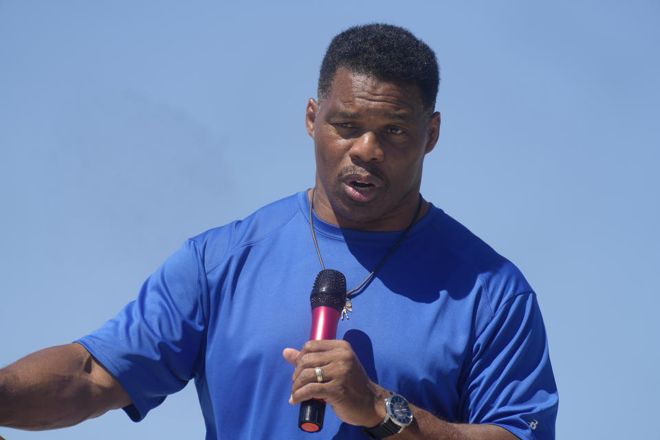 FILE - Georgia GOP Senate nominee Herschel Walker gives remarks during a campaign stop at Battle Lumber Co. on Thursday, Oct. 6, 2022, in Wadley, Ga. On Friday, Oct. 14, The Associated Press reported on stories circulating online incorrectly claiming Home Depot recently donated $1.75 million to Walker’s U.S. Senate campaign. (AP Photo/Meg Kinnard, File)