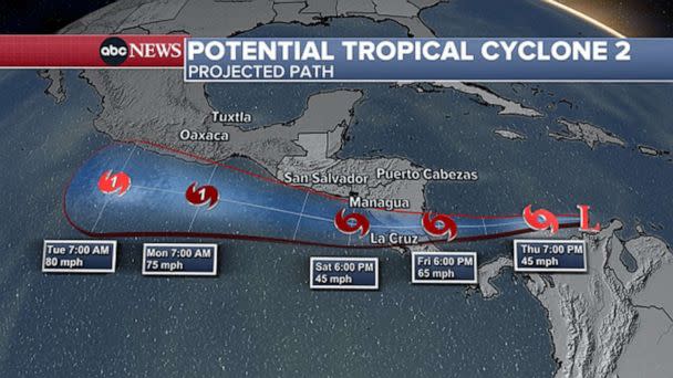 PHOTO: An ABC News weather graphic shows the projected path of potential tropical cyclone 2. (ABC News)