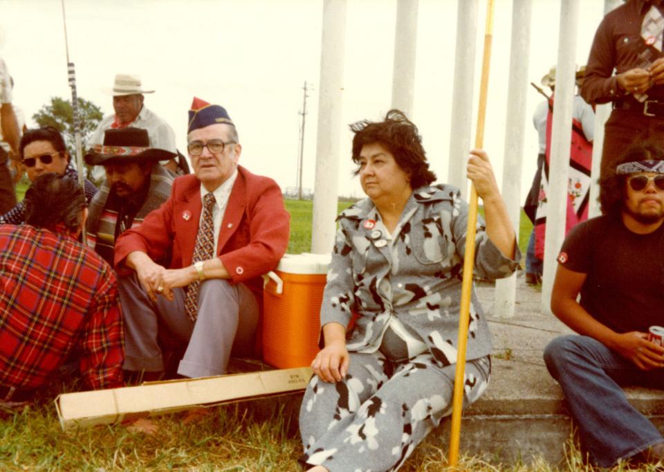 Dr. Héctor P. García and Dr. Clotilde García support farmworkers during their march to Austin, Texas, in 1977.