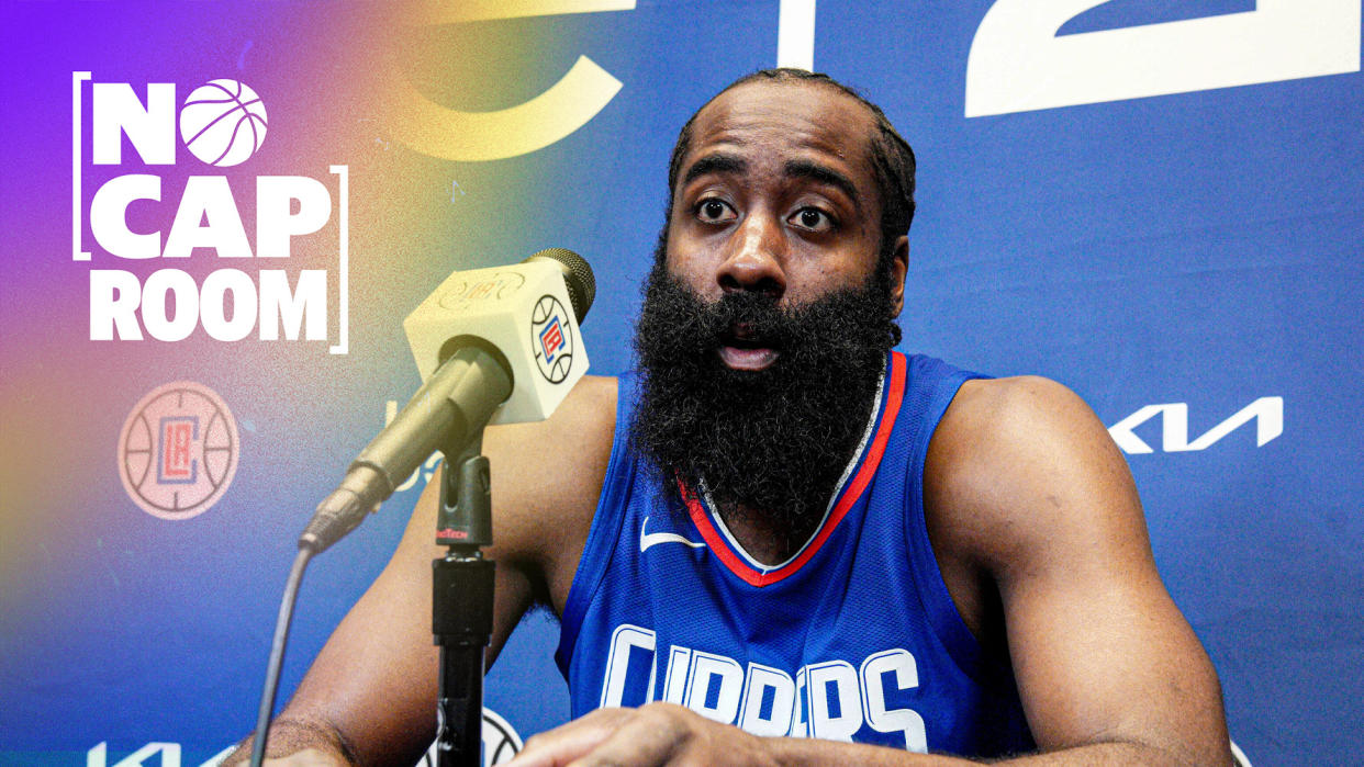 James Harden made his first public media appearance as a Los Angeles Clipper on Thursday. (AP Photo/Richard Vogel)
