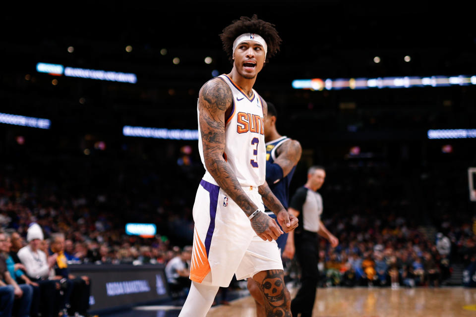 Nov 24, 2019; Denver, CO, USA; Phoenix Suns forward Kelly Oubre Jr. (3) reacts in the first quarter against the Denver Nuggets at the Pepsi Center. Mandatory Credit: Isaiah J. Downing-USA TODAY Sports