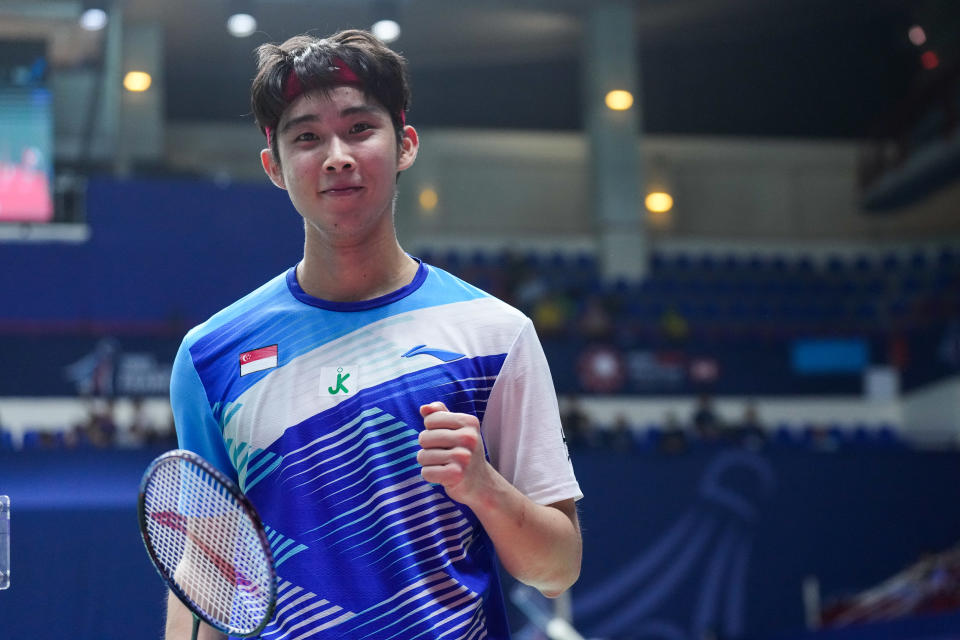 Singapore shuttler Loh Kean Yew celebrates winning a match at the French Open.