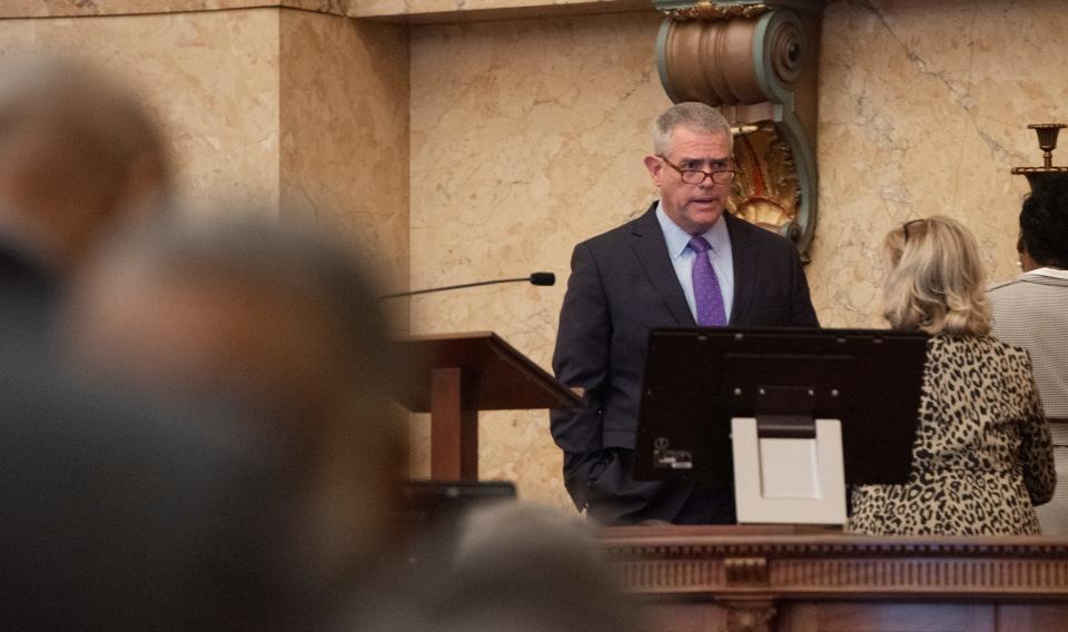 Speaker of the House Philip Gunn, center right, prepares to address House members to open the 2023 legislative session at the State Capitol in Jackson on Tuesday.