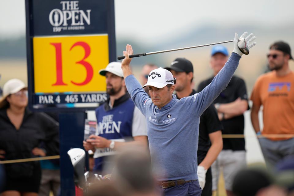 Kevin Kisner of the US prepares to play off the 13th tee during the final round of the British Open golf championship on the Old Course at St. Andrews, Scotland, Sunday July 17, 2022.